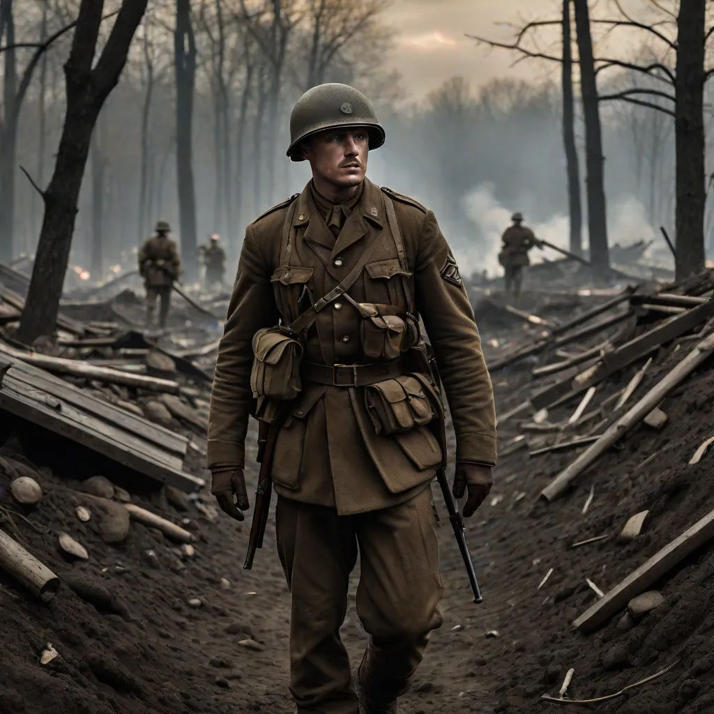a man in a military uniform walking through a forest filled with trees and logs with a gun in his hand, a detailed matte painting, Charles Martin, arts and crafts movement, promotional image