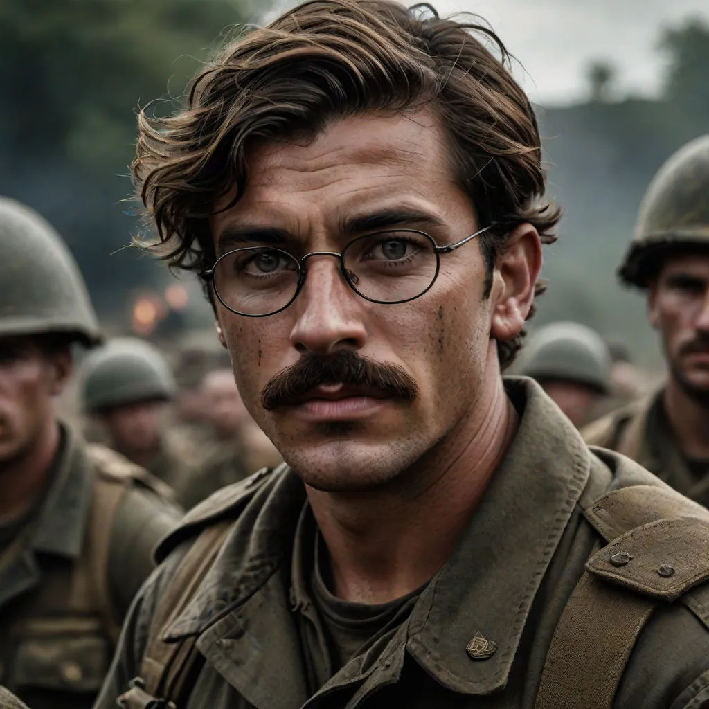 a man with a mustache and glasses standing in front of a group of soldiers wearing helmets and uniforms with trees in the background, a poster, Alonso Vázquez, serial art, cinematography