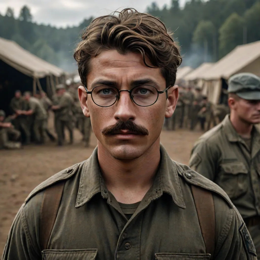a man with a mustache and glasses standing in front of a group of soldiers in uniform in a field, a character portrait, Erik Pevernagie, serial art, promotional image