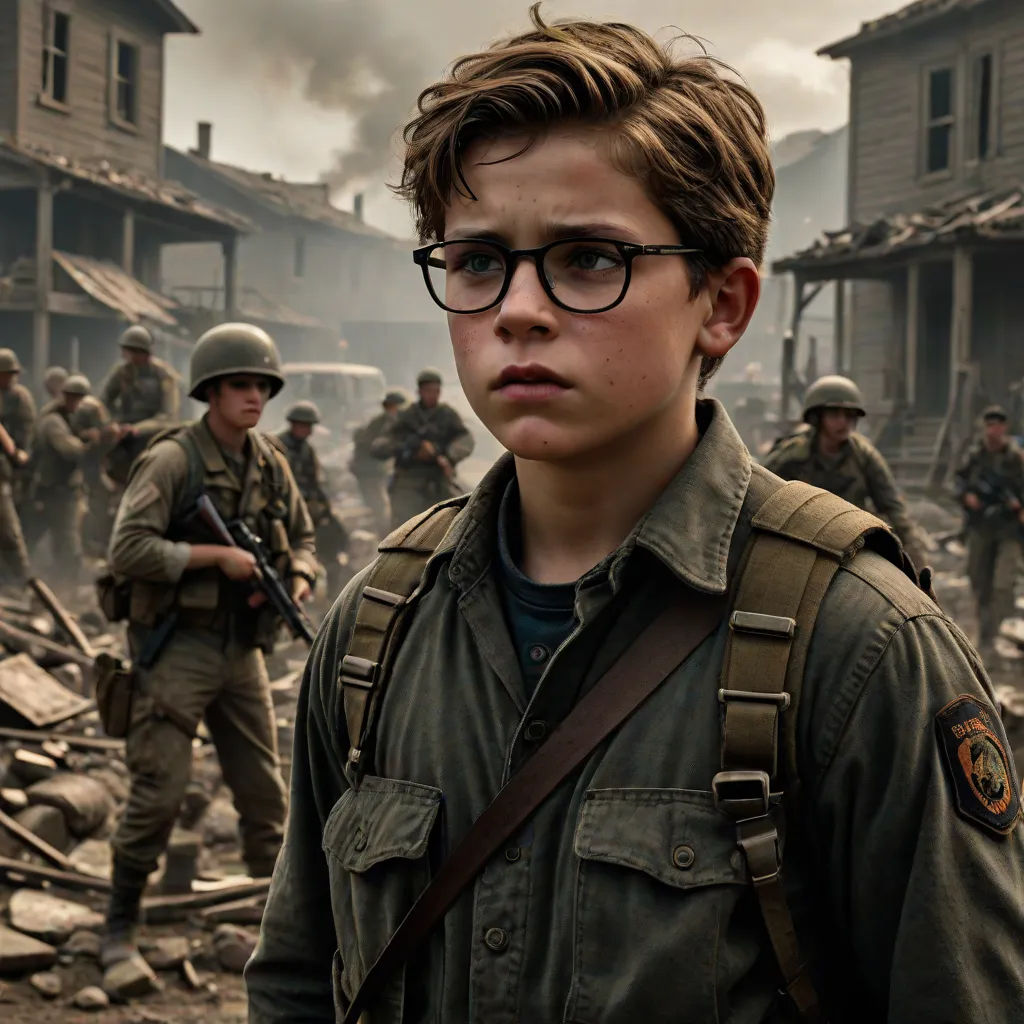a boy in glasses standing in front of a group of soldiers in a destroyed area with a building in the background, a colorized photo, Ejler Bille, antipodeans, vfx