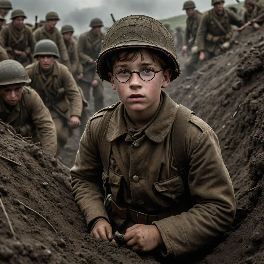 a boy in a trench with a group of soldiers behind him in the background, a man in a helmet is looking at the camera, a colorized photo, David Budd, american realism, promotional image