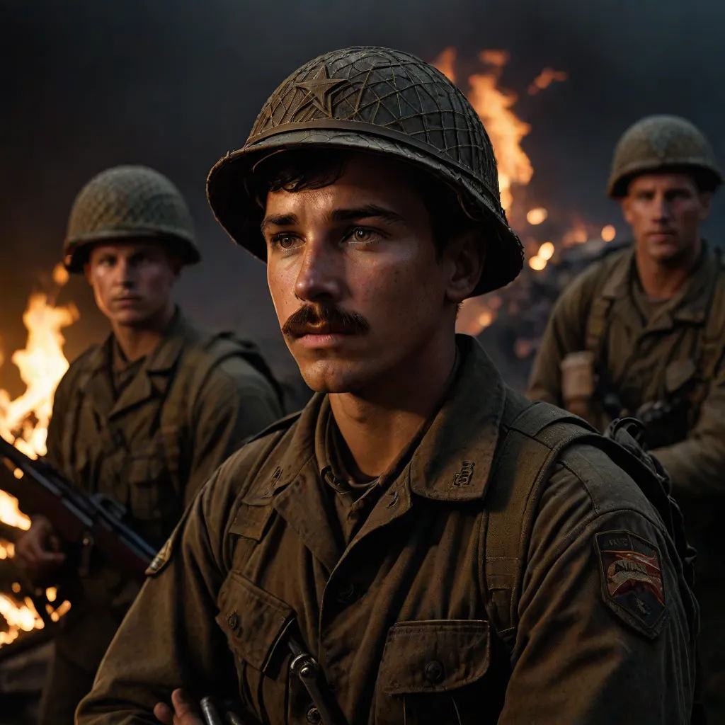 a group of men in uniforms standing next to each other with a fire in the background behind them and a man with a mustache, a character portrait, Edward Otho Cresap Ord, II, antipodeans, imax 70 mm footage