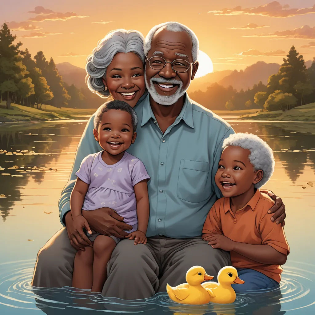 a painting of a man and two children with a duck in the water with a sunset in the background, american scene painting, a storybook illustration, Cleve Gray, highly detailed digital painting