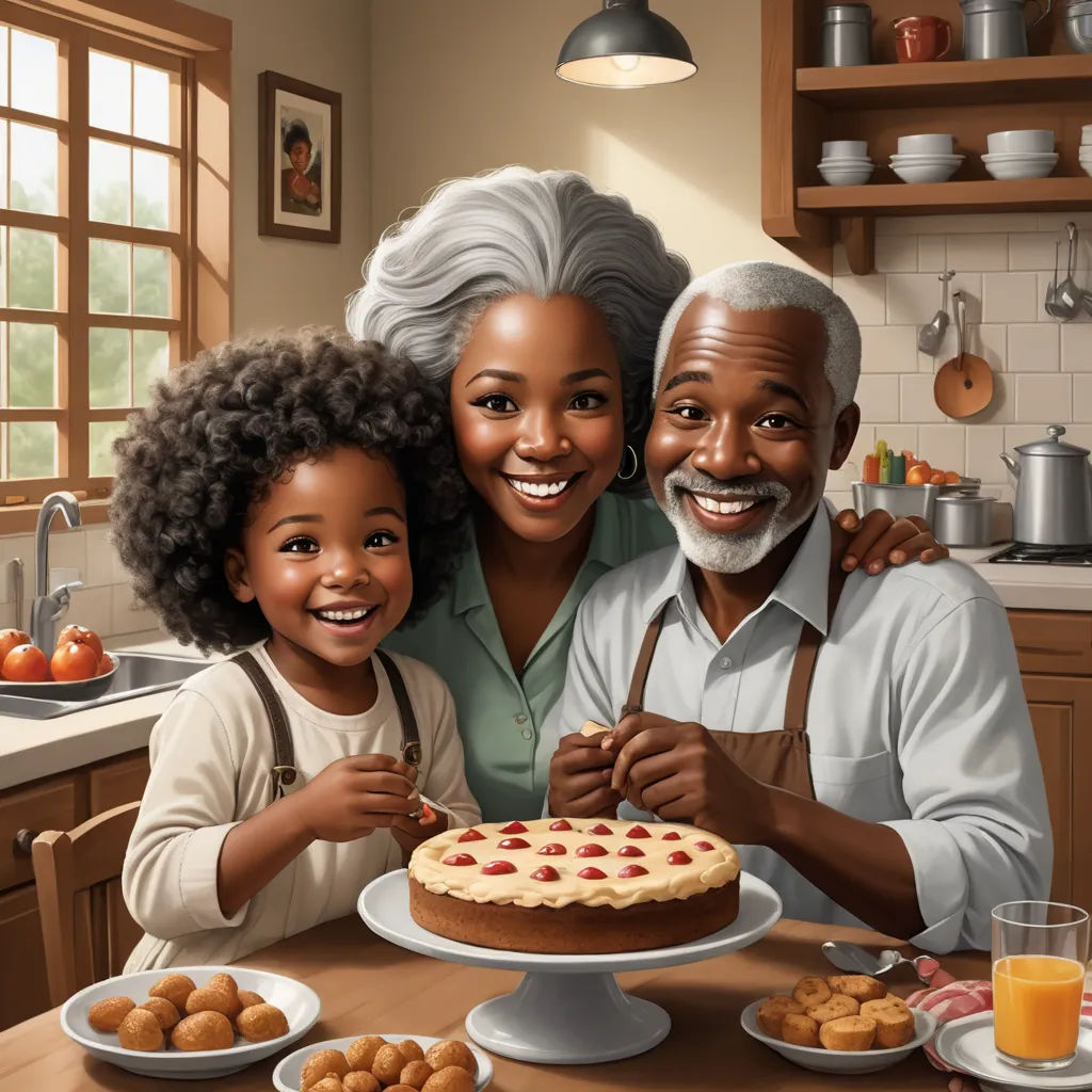 a painting of a family celebrating a birthday with a cake and orange juice on the table in the kitchen, american scene painting, a storybook illustration, Chris LaBrooy, highly detailed digital painting
