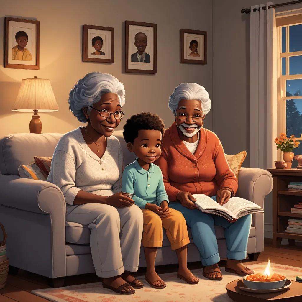 a painting of a family sitting on a couch with a book in front of them and a candle in the middle, american scene painting, a storybook illustration, Chris LaBrooy, storybook illustration