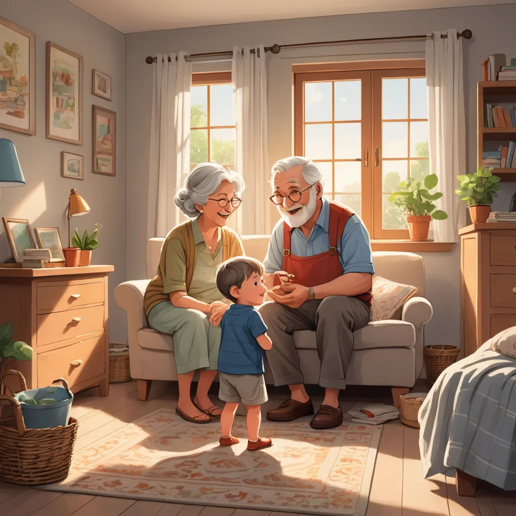 a painting of an elderly man and woman with a child in a living room with a window and a rug, sots art, a storybook illustration, Diego Gisbert Llorens, storybook illustration