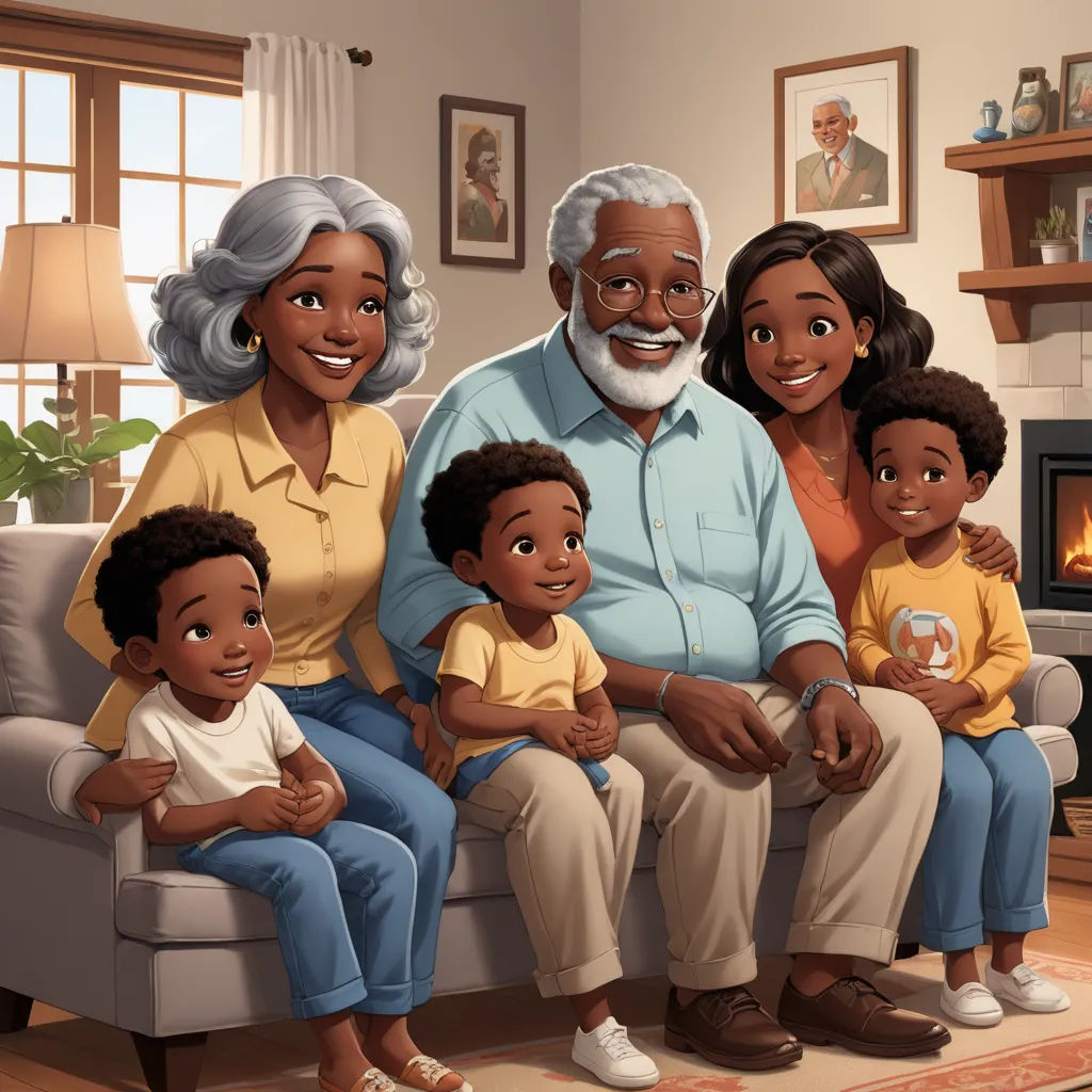 a family sitting on a couch in a living room with a fireplace and a painting of an older man, woman, and two children, american scene painting, a storybook illustration, Chris LaBrooy, storybook illustration