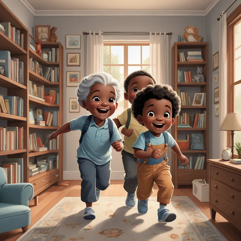 a couple of kids running through a living room together in front of a book shelf filled with books and a couch, photorealism, a storybook illustration, Chris LaBrooy, storybook illustration