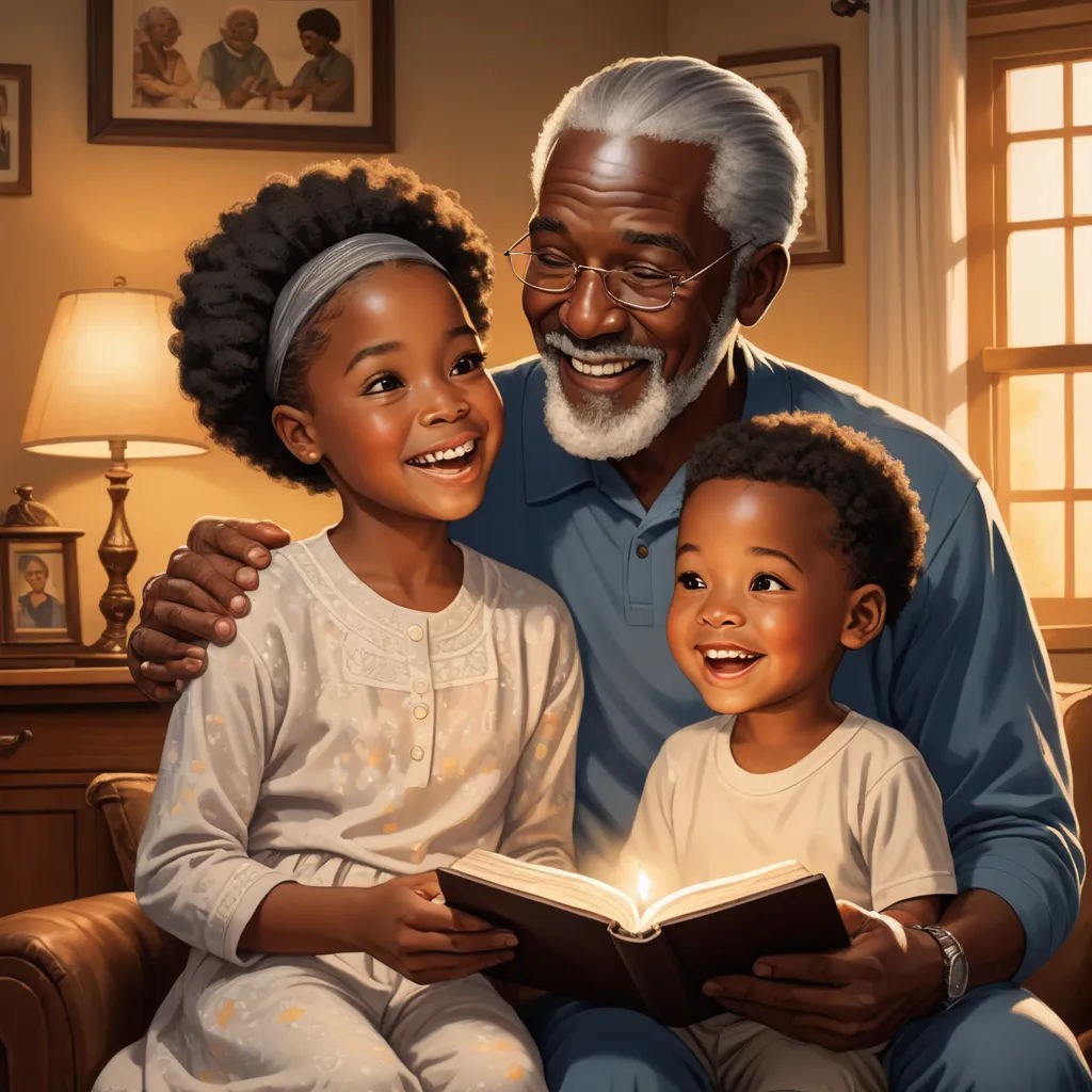 a painting of a man reading a book to a child and an older man sitting next to him on a couch, art & language, a storybook illustration, Cliff Childs, storybook illustration