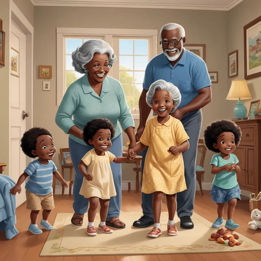 a family is standing in a living room together holding hands and smiling at the camera, with a large painting of an older man and two younger children, sots art, a storybook illustration, Chris LaBrooy, storybook illustration