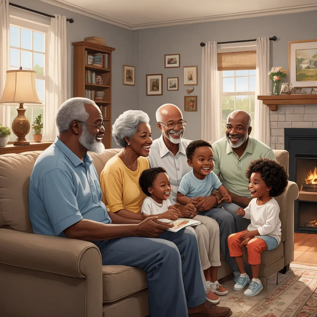 a family sitting on a couch in front of a fireplace in a living room with a fireplace and a man holding a child, american scene painting, a storybook illustration, Chris LaBrooy, storybook illustration