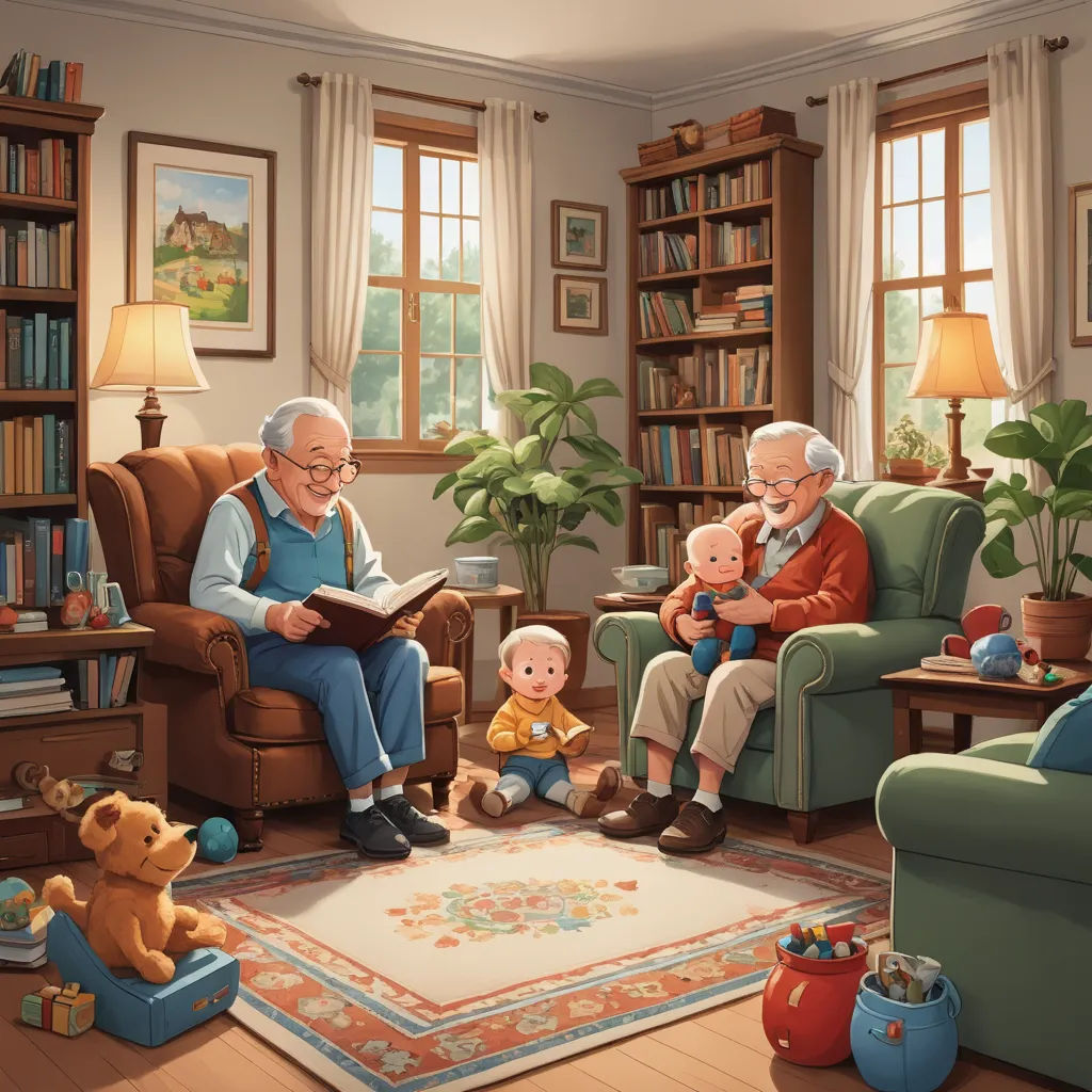 a painting of an elderly man reading a book to his grandson and grandson sitting in a chair in a living room, american scene painting, a storybook illustration, Brothers Hildebrandt, storybook illustration