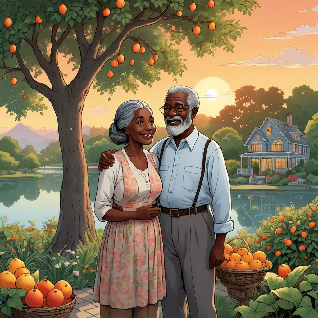 a painting of a man and woman standing in front of a tree with oranges in baskets in front of them, american scene painting, a storybook illustration, Elinor Proby Adams, official art