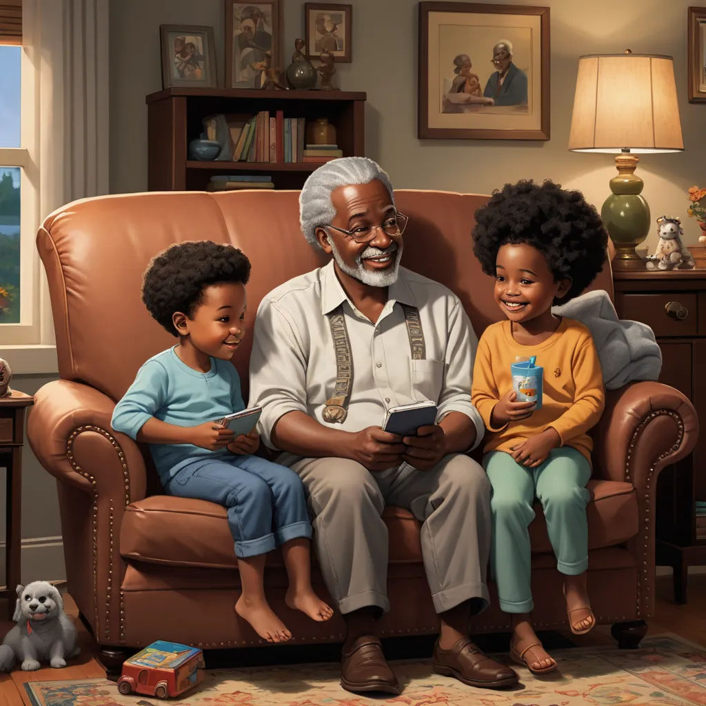 a painting of a man and two children sitting on a couch with a book in their hands and a dog nearby, american scene painting, a storybook illustration, David Brewster, storybook illustration