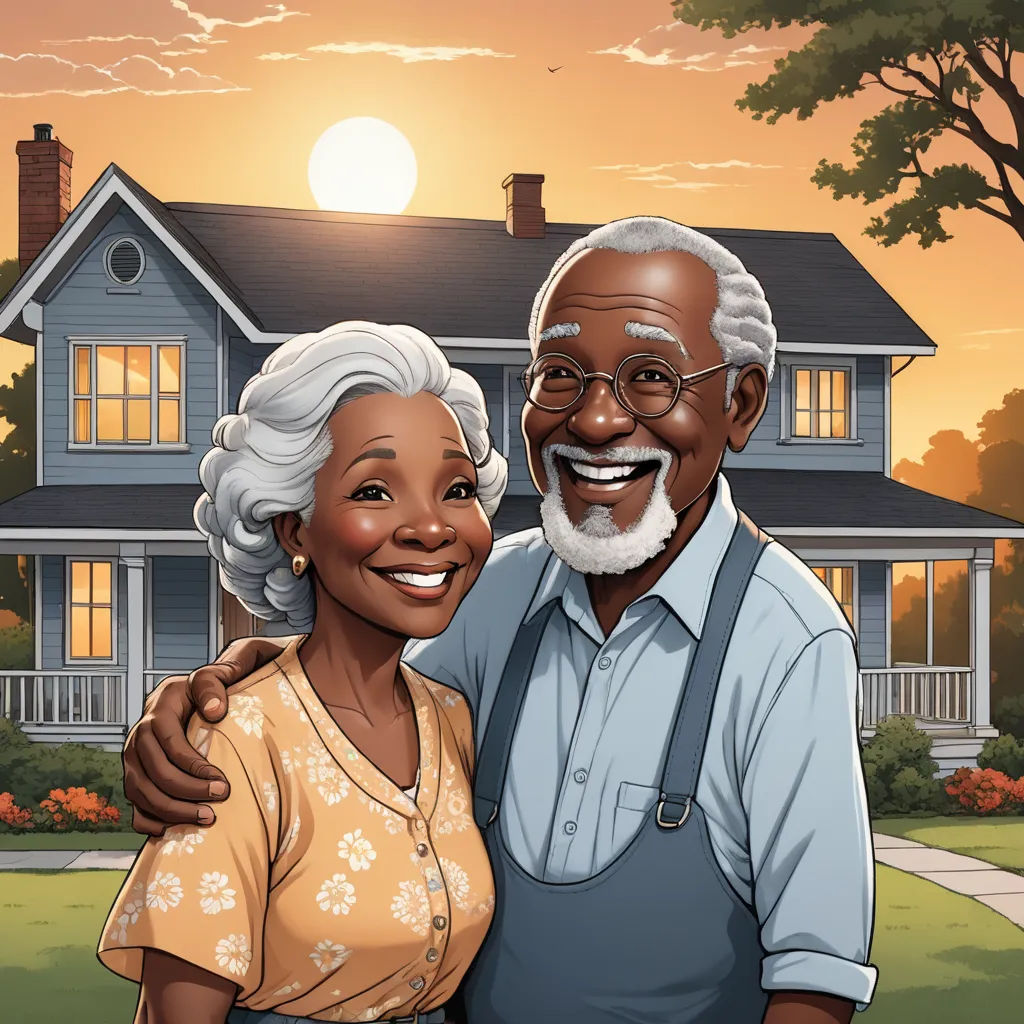 a cartoon of a man and woman standing in front of a house at sunset with the sun setting behind them, harlem renaissance, a storybook illustration, Americo Makk, ultra realistic illustration