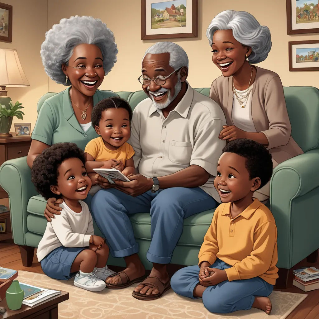 a family sitting on a couch together in a living room with a painting of an older man and woman, photorealism, a storybook illustration, Cleve Gray, storybook illustration