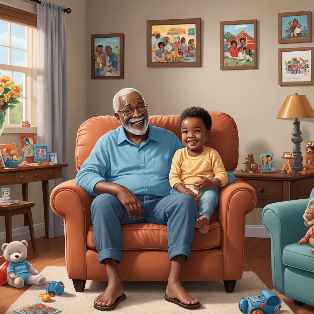 a man and a child sitting on a chair in a living room with toys and a teddy bear on the floor, american scene painting, a storybook illustration, Chris LaBrooy, storybook illustration