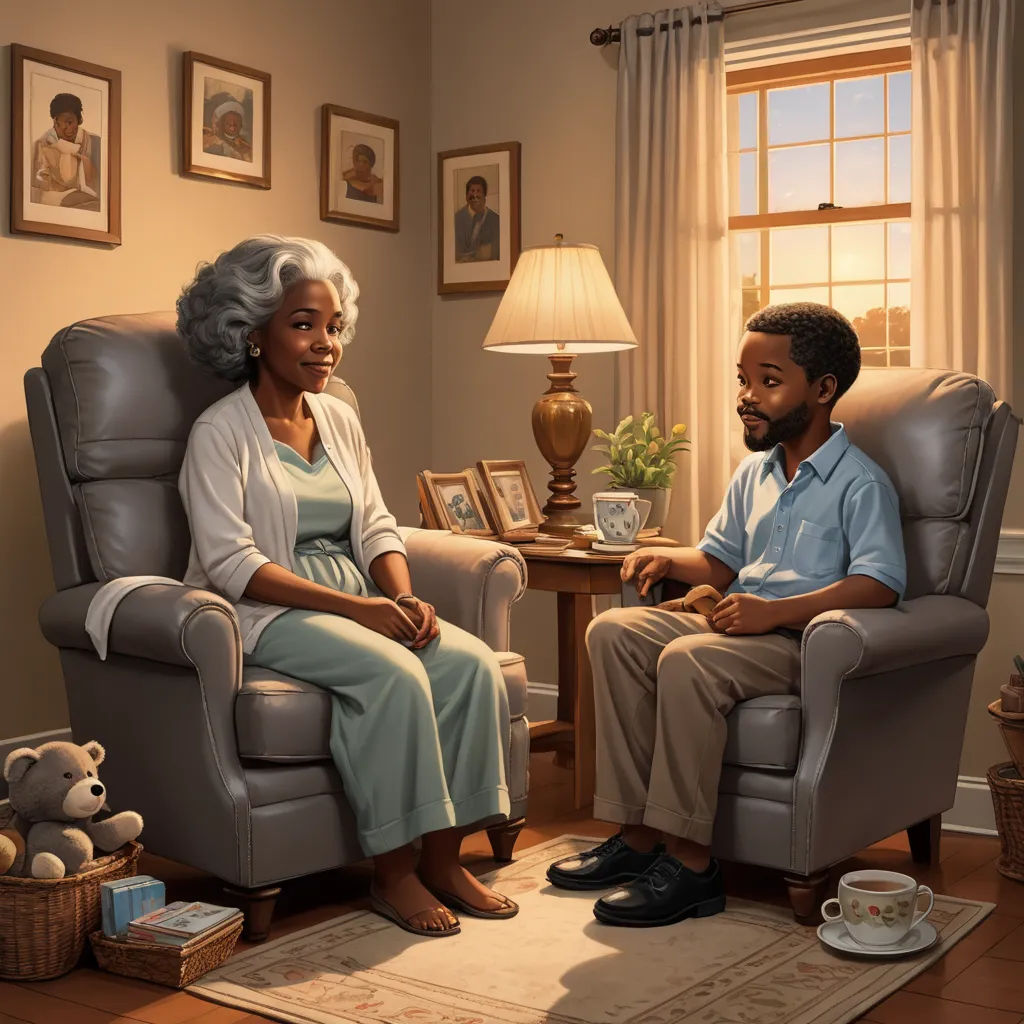 a painting of a man and woman sitting in a chair in a living room with a teddy bear and a lamp, american scene painting, a storybook illustration, Chris LaBrooy, storybook illustration