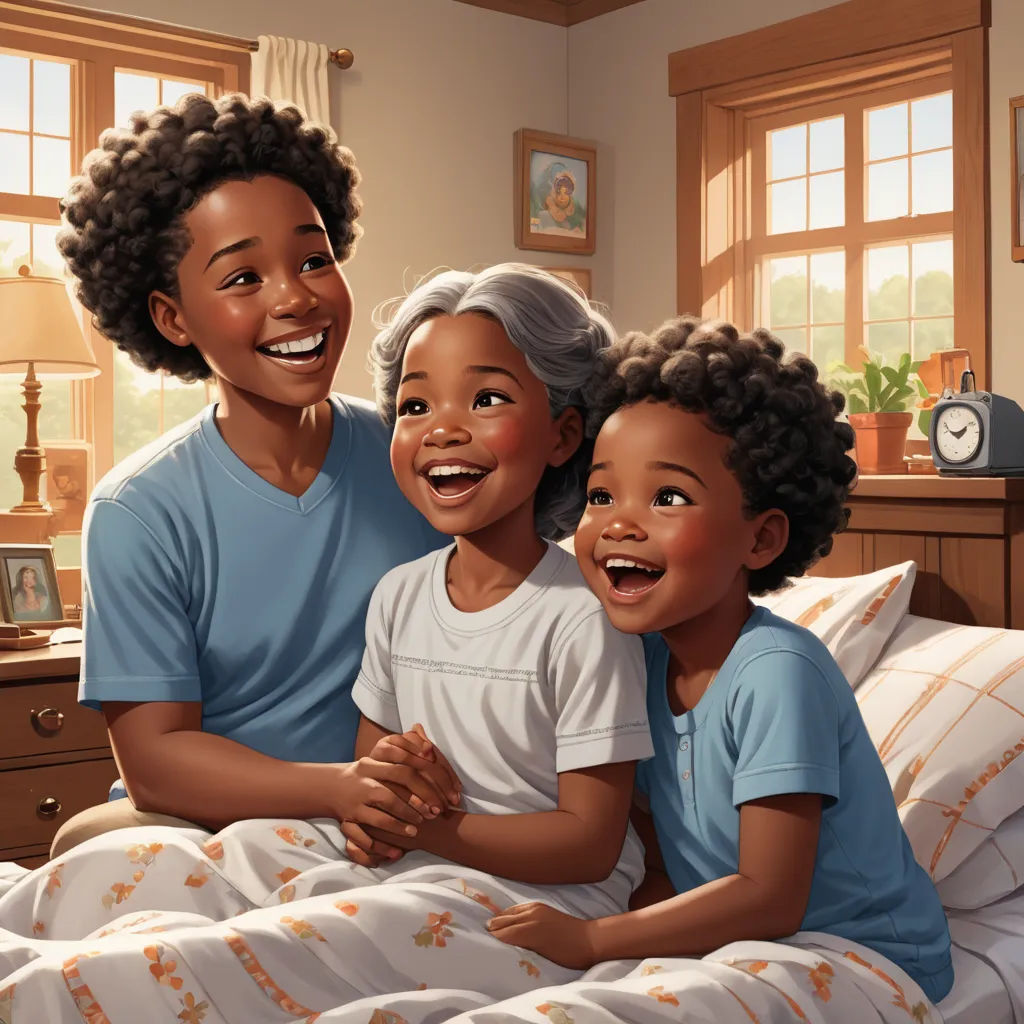 a painting of a family sitting on a bed together smiling at the camera with a clock in the background, american scene painting, a storybook illustration, Chris LaBrooy, storybook illustration
