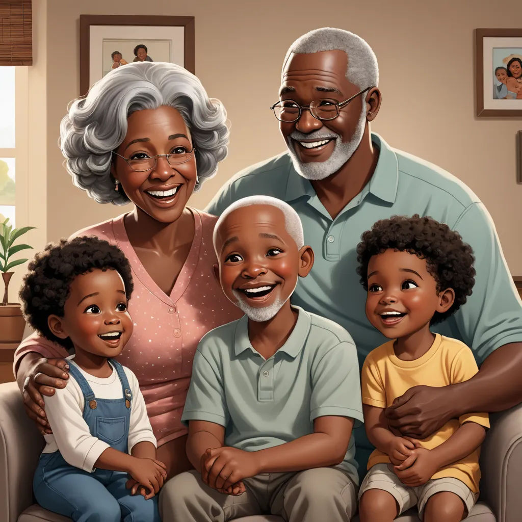 a family portrait of an older man, woman, and two children sitting on a couch in a living room, photorealism, a storybook illustration, Chris LaBrooy, storybook illustration