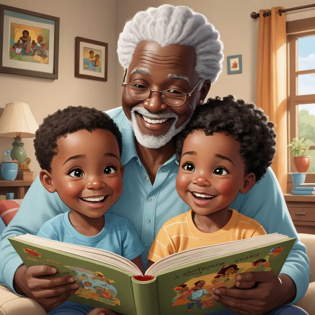 a man reading a book to two children in a living room with a window behind them and a painting of an older man reading a book to two children, photorealism, a storybook illustration, Cliff Childs, storybook illustration