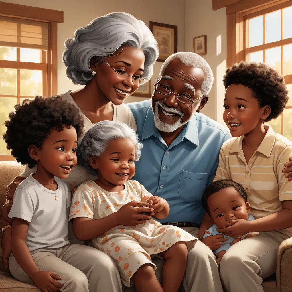 a painting of a family sitting on a couch together and smiling at the camera with their children and grandparents, photorealism, a storybook illustration, Chris LaBrooy, highly detailed digital painting