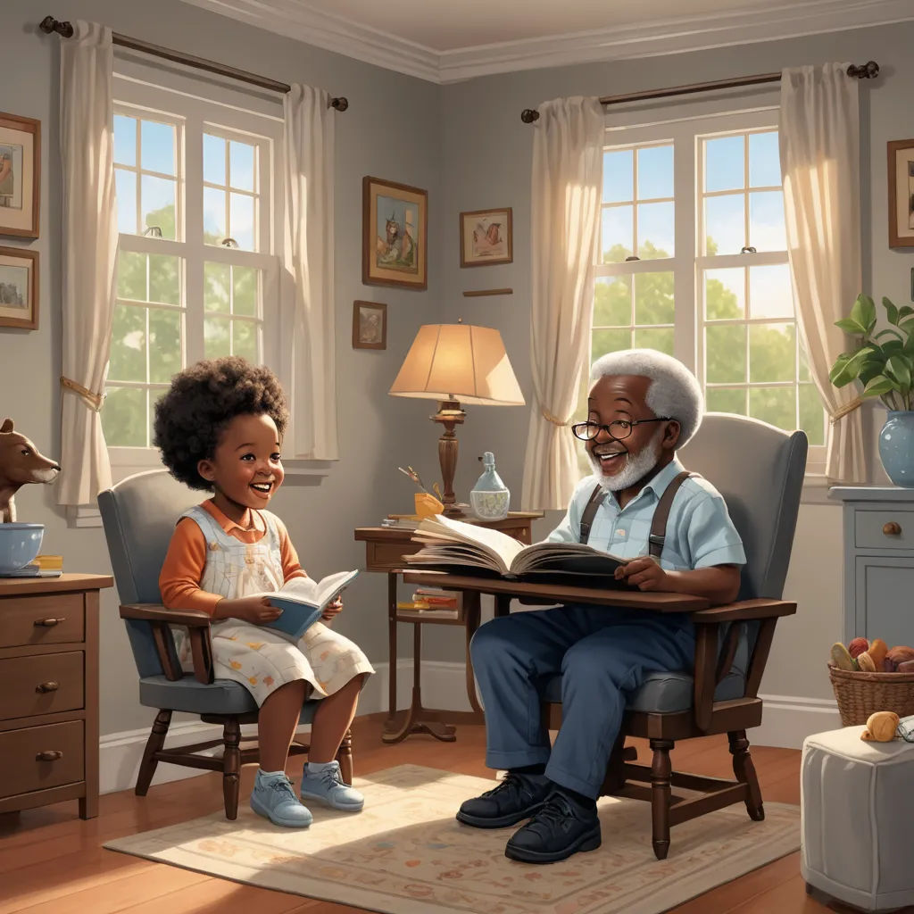 a painting of a man and a little girl sitting in chairs reading a book together in a living room, american scene painting, a storybook illustration, Bob Byerley, storybook illustration