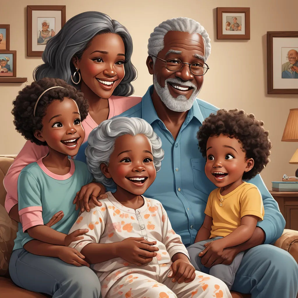 a family portrait of a man, woman, and two children sitting on a couch in a living room, photorealism, a storybook illustration, Cleve Gray, highly detailed digital painting