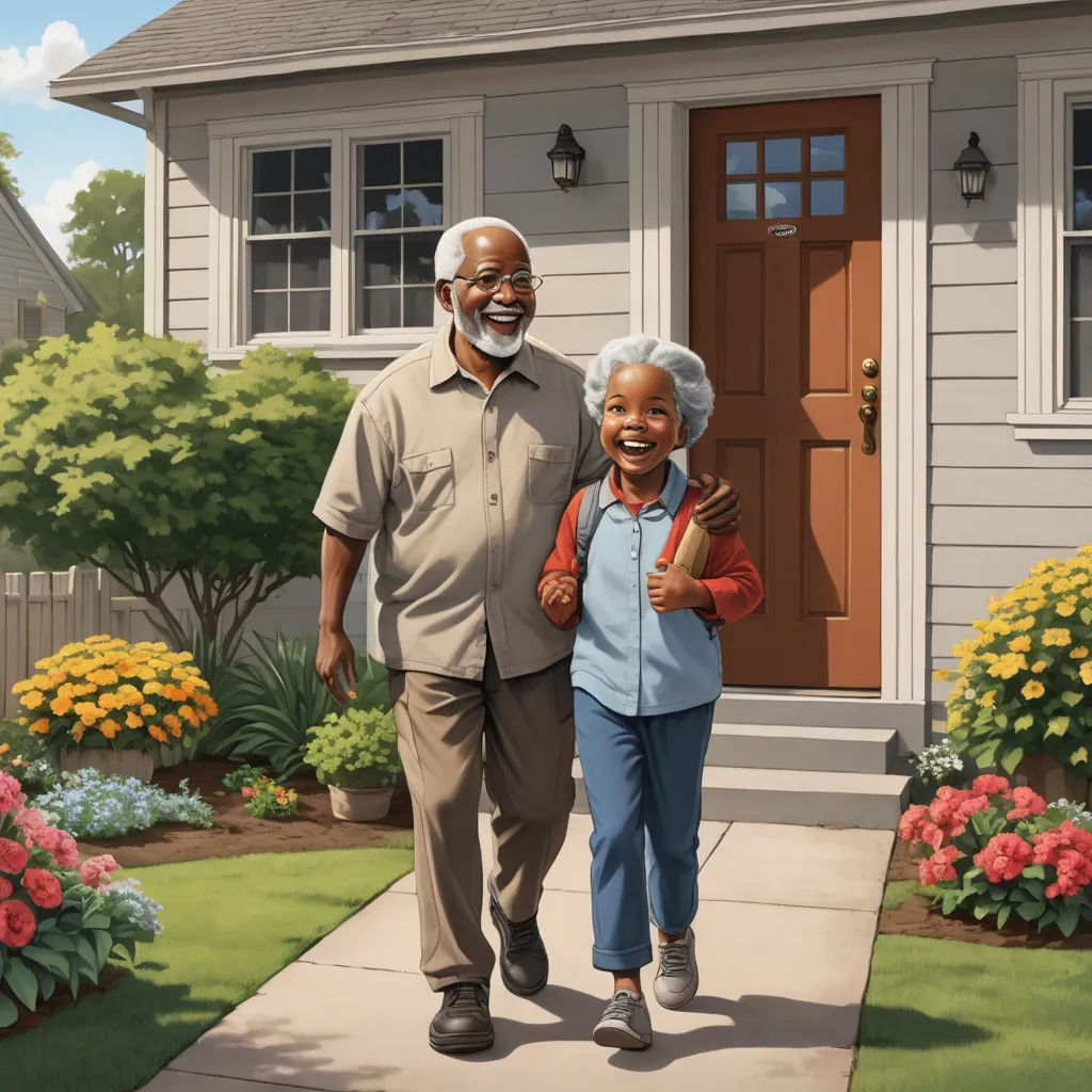 a painting of a man and a woman walking down a sidewalk in front of a house with flowers and a red door, american scene painting, a storybook illustration, Chris LaBrooy, ultra realistic illustration