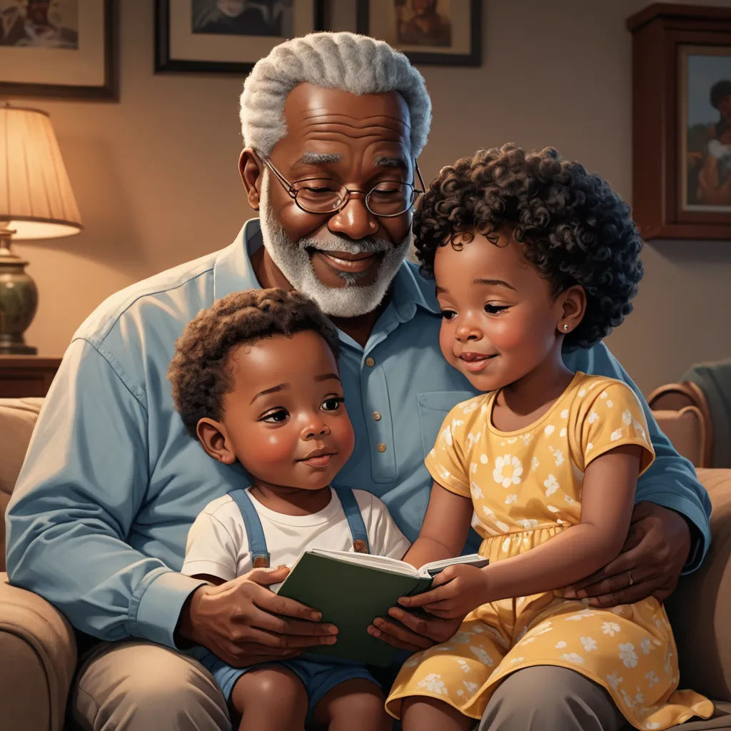 a man sitting on a couch with two children and a book in his lap, while a woman holds a child, photorealism, a storybook illustration, David Brewster, storybook illustration