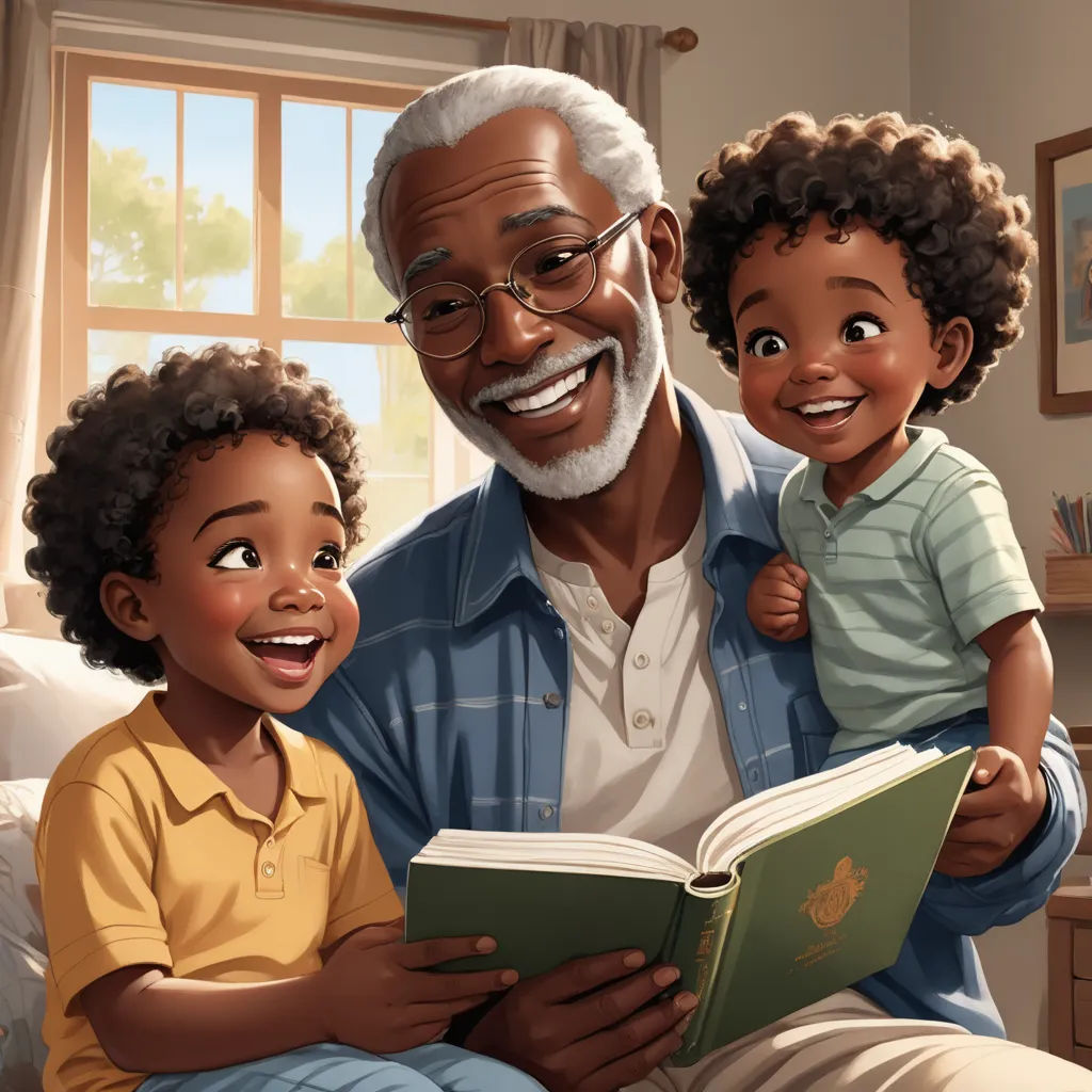 a man reading a book to two children while sitting on a bed in a room with a window and a window, dada, a storybook illustration, Cliff Childs, storybook illustration