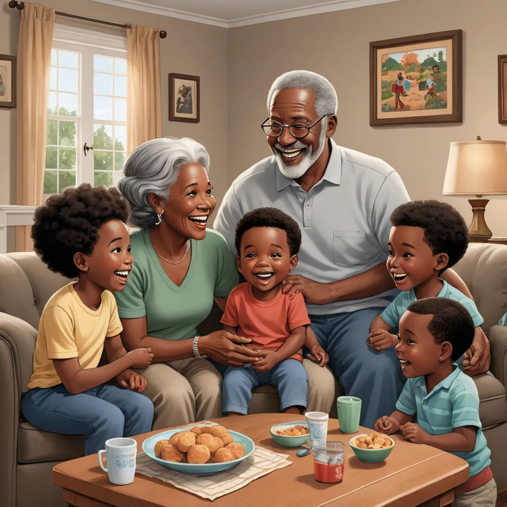a painting of a family sitting on a couch together and smiling at the camera, with a man in the background, american scene painting, a storybook illustration, Chris LaBrooy, storybook illustration
