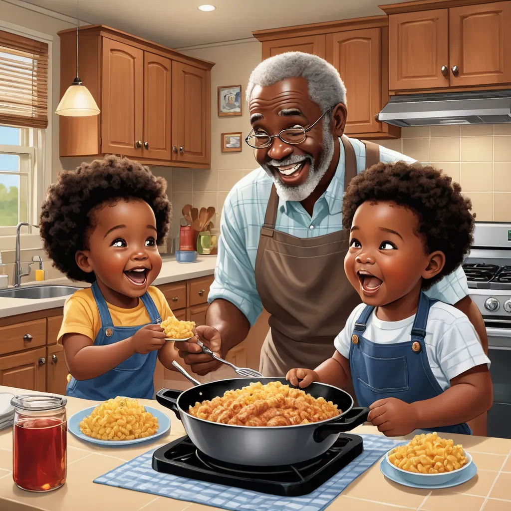 a man and two children are eating macaroni and cheese together in the kitchen together, with a large pot of macaroni and cheese in the foreground, american scene painting, a storybook illustration, Cleve Gray, highly detailed digital painting