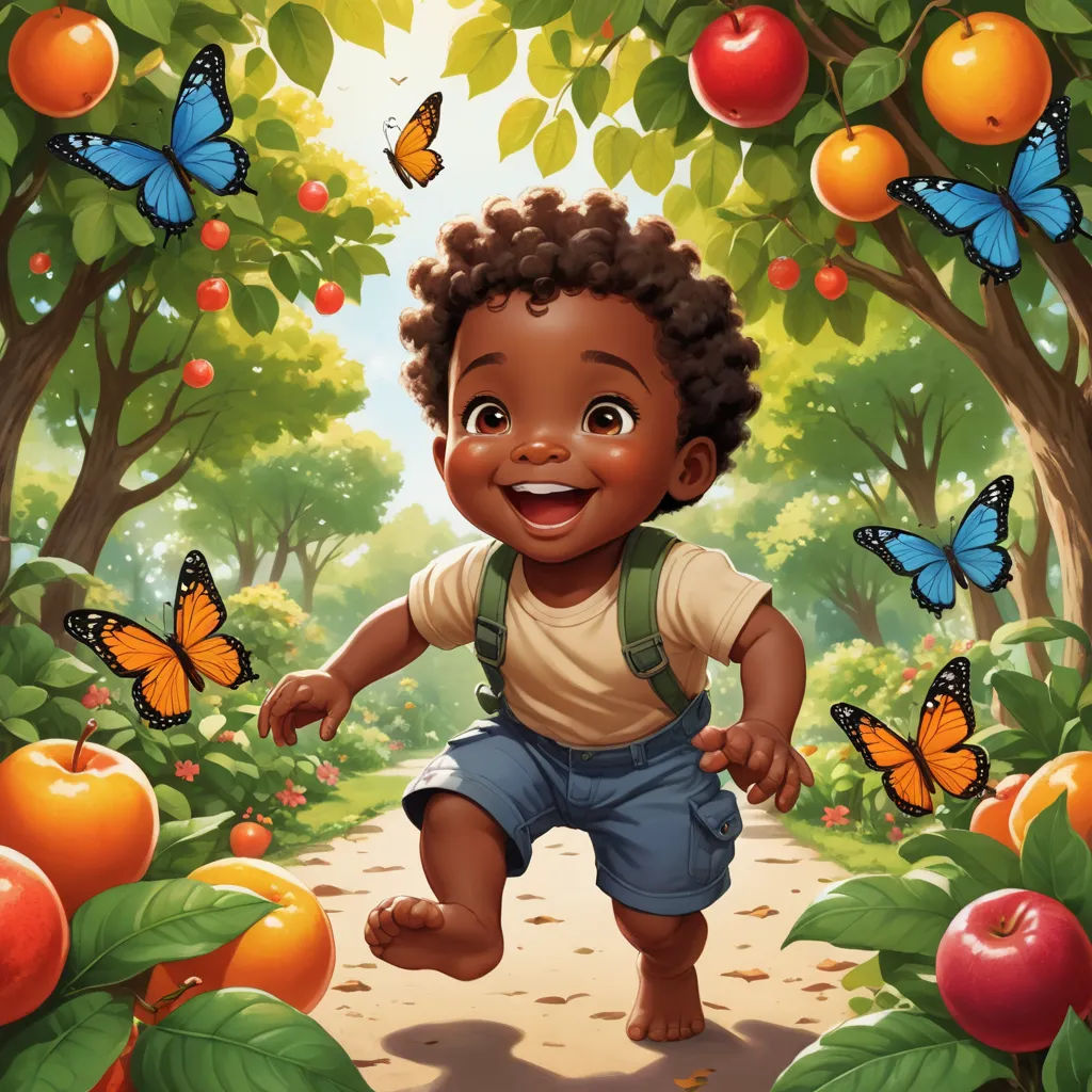 a young boy is running through a forest with butterflies and apples on the trees and in the background is a butterfly, magical realism, a storybook illustration, Aaron Jasinski, storybook illustration