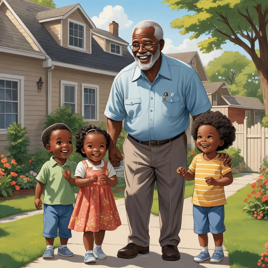 a man standing with three children in front of a house and a house with a tree in the background, american scene painting, a storybook illustration, Allan Brooks, storybook illustration