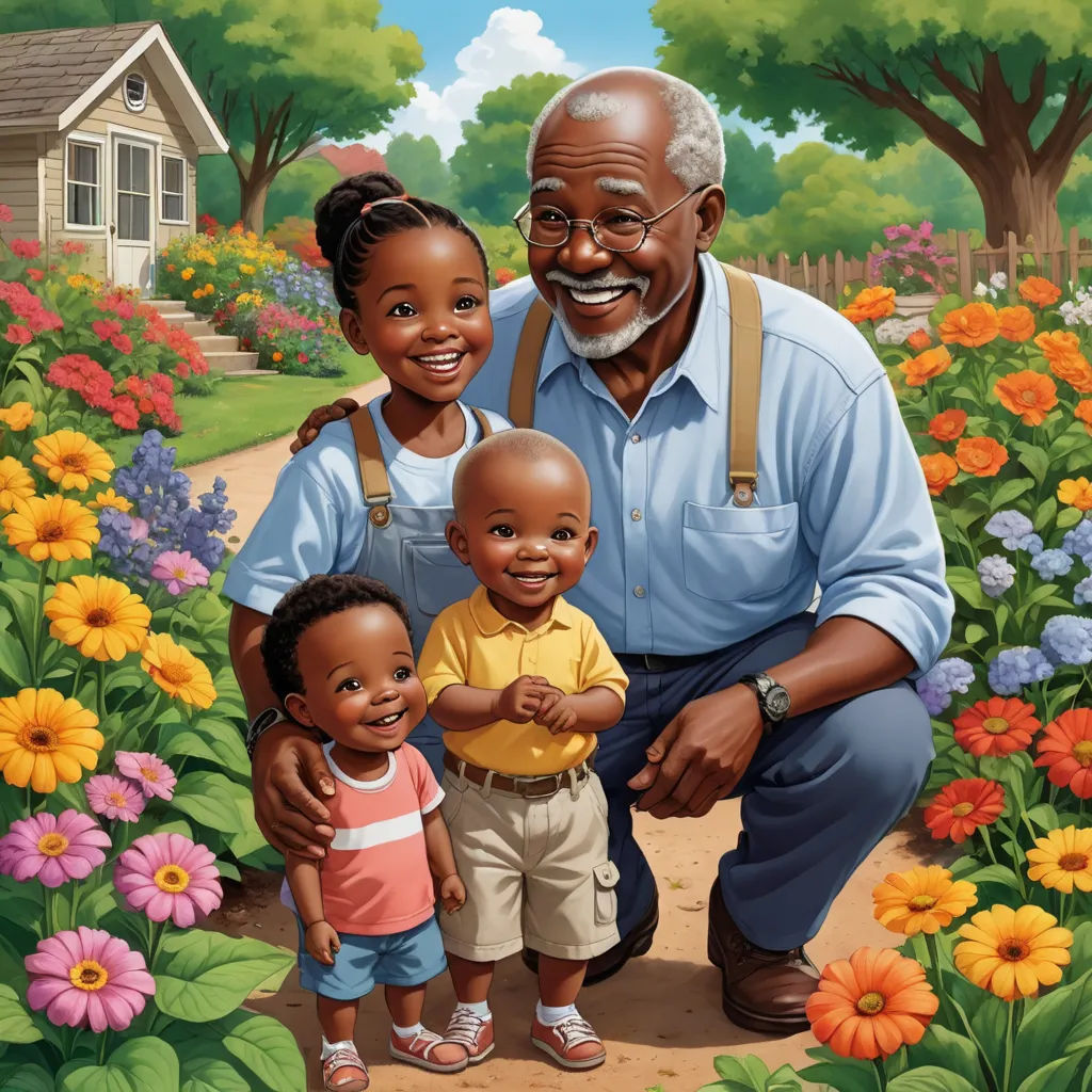 a painting of a man and two children in a garden with flowers and a house in the background with a woman holding a child, american scene painting, a storybook illustration, Cleve Gray, storybook illustration