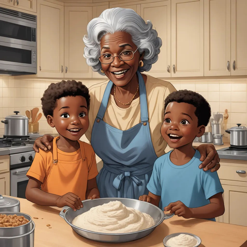 a woman and two children standing in front of a pan of food on a kitchen counter top with a pan of food on the counter, american scene painting, a storybook illustration, Doris Blair, storybook illustration