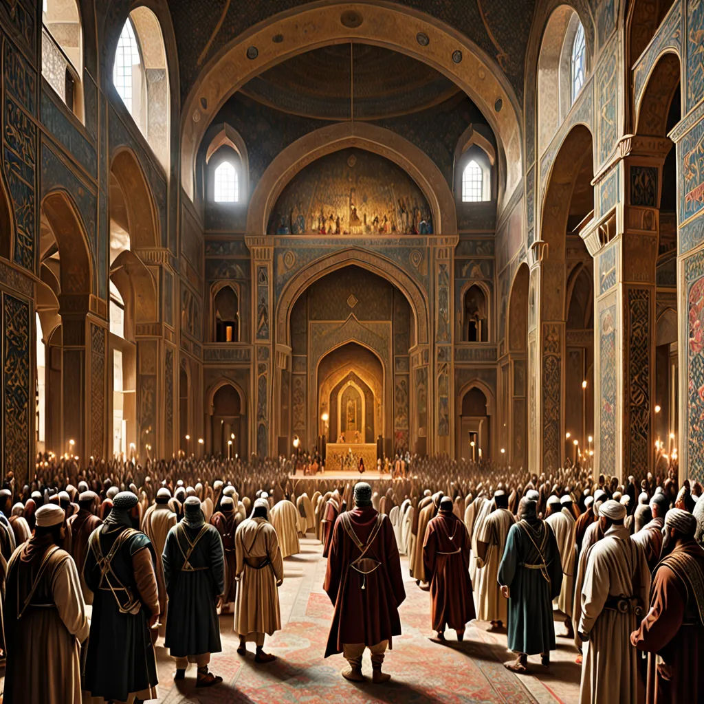 a large group of people in a church with a priest in the middle of the room and a priest in the back, photorealism, a detailed matte painting, Christophe Vacher, cinematic matte painting