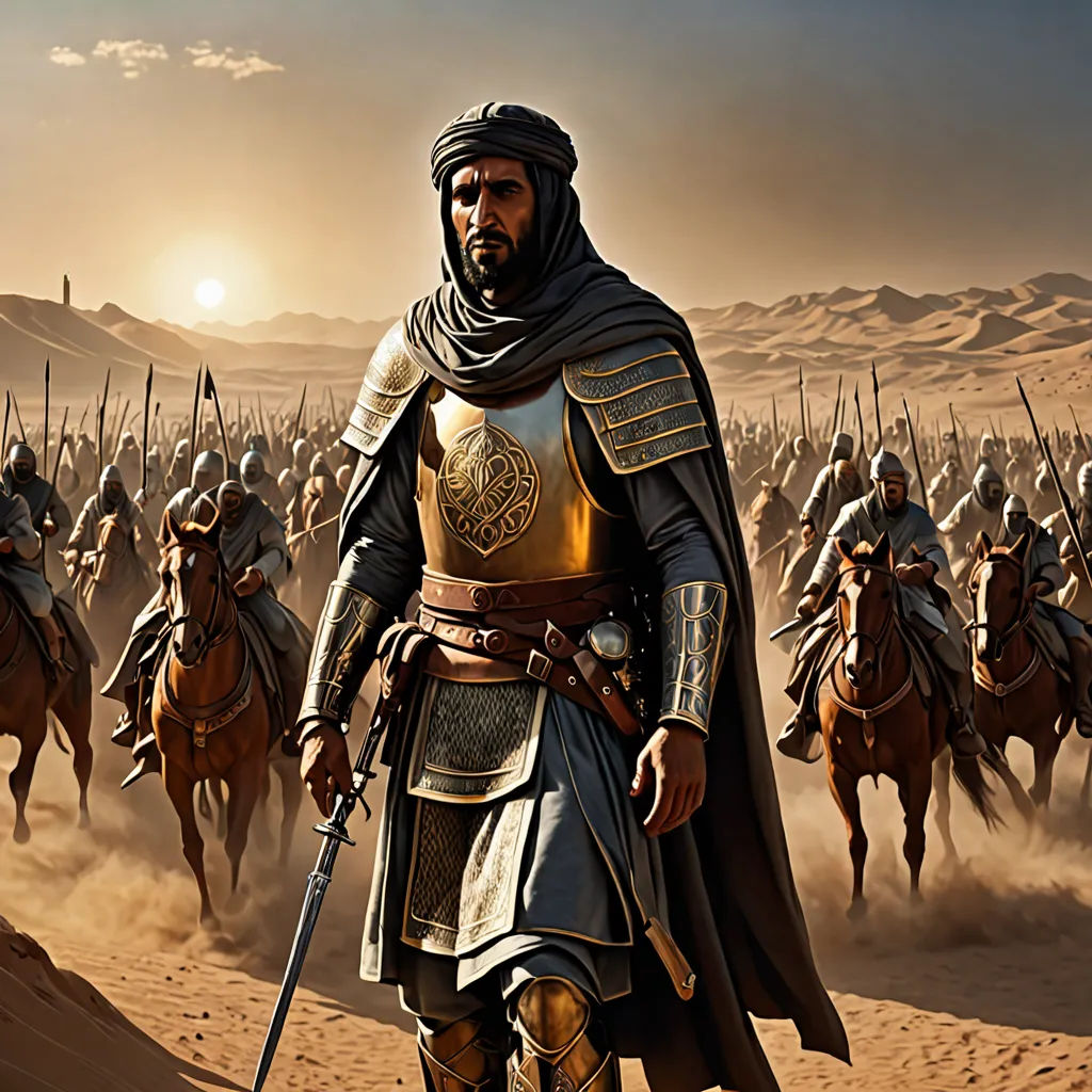 a man in a suit of armor riding on a horse in a desert with other men in the background, dau-al-set, a detailed matte painting, Altoon Sultan, orientalism