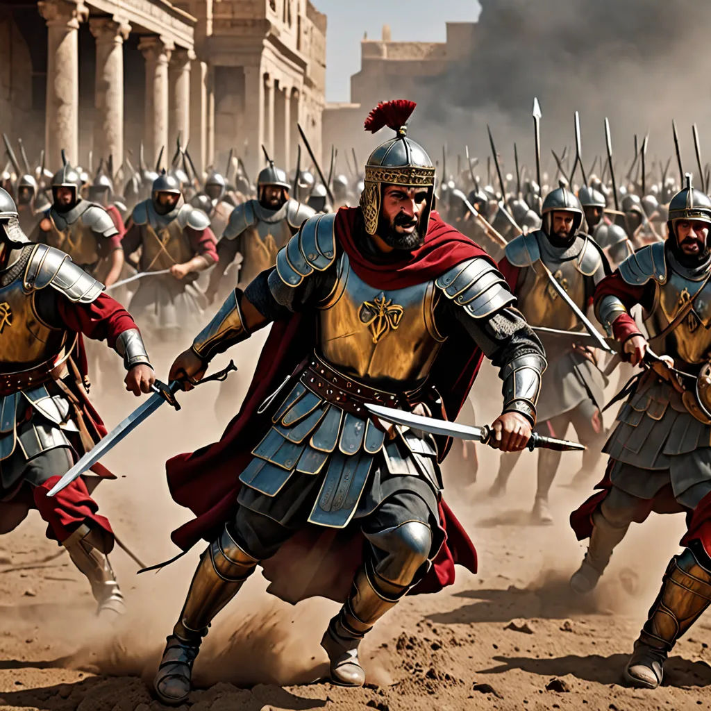 a group of men in armor and helmets running across a dirt field with a building in the background and smoke pouring out of the air, antipodeans, a detailed matte painting, Altoon Sultan, war