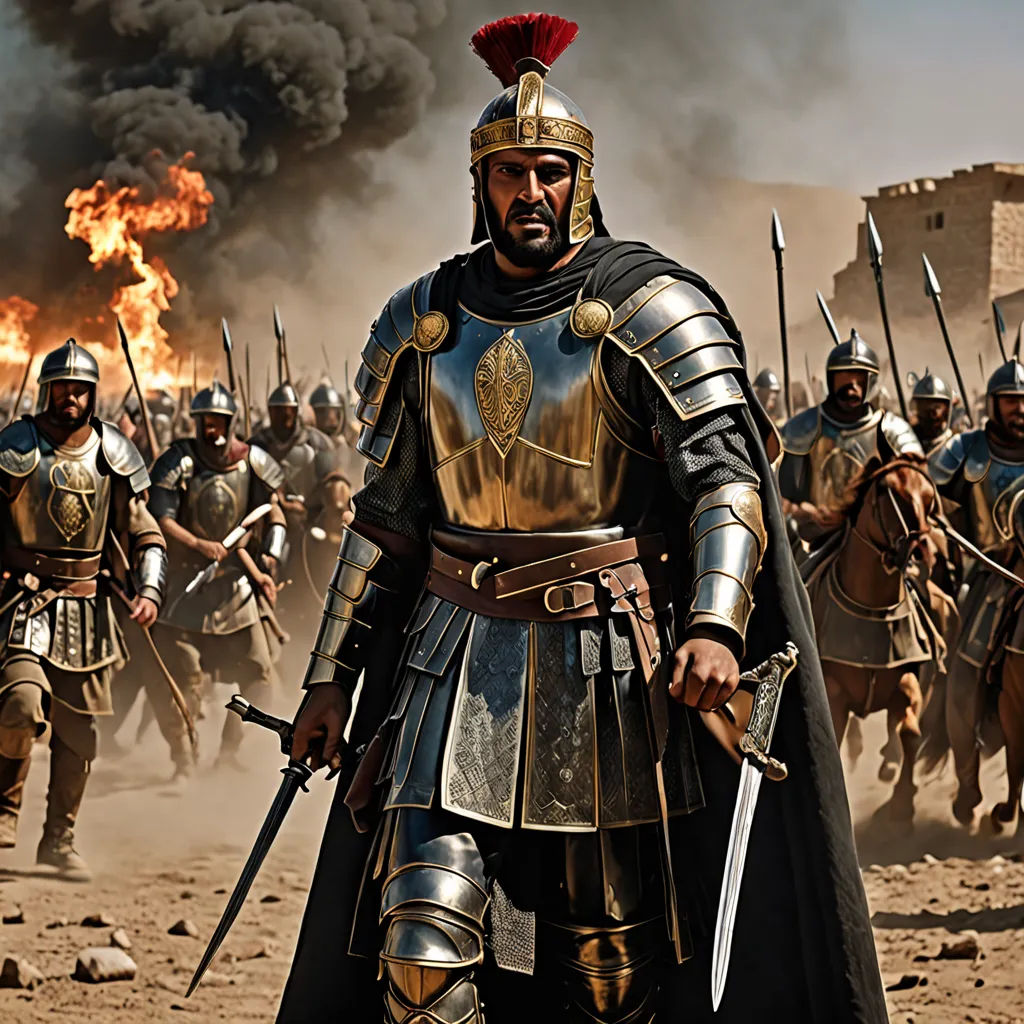 a group of men in armor and helmets with swords in front of a fire and smoke cloud of smoke, antipodeans, a detailed matte painting, Altoon Sultan, promotional image