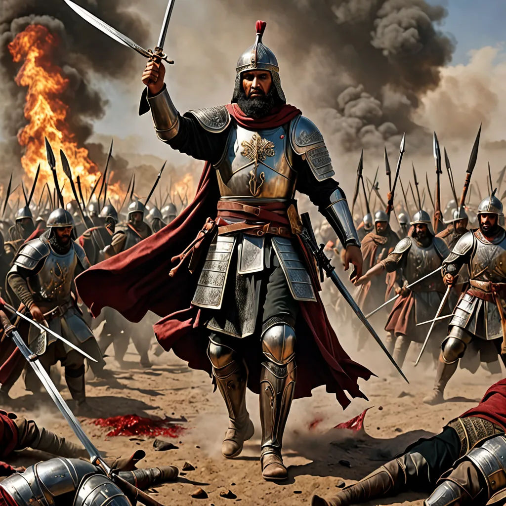 a painting of a man in armor holding a sword and standing in front of a group of men in armor, antipodeans, a detailed matte painting, Altoon Sultan, medieval