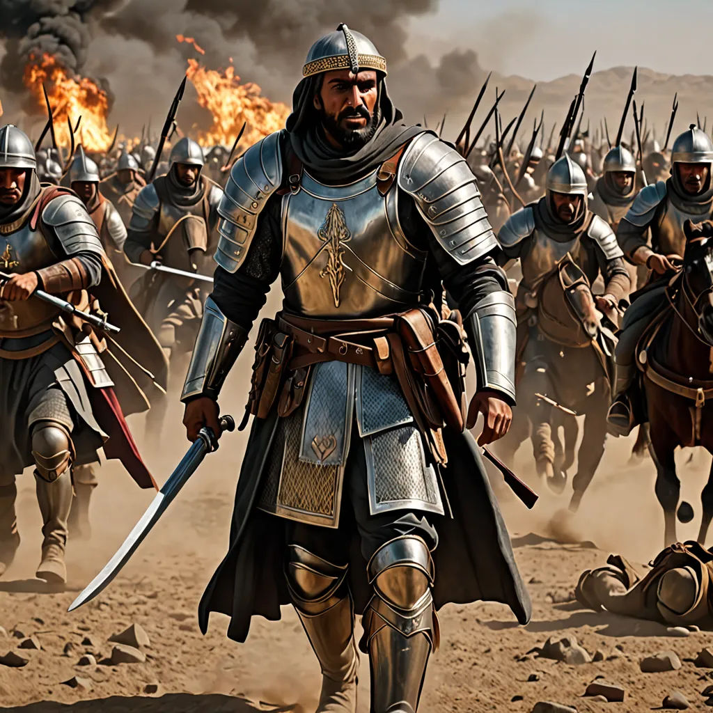 a group of men in armor on horses in a desert area with a sky background and a fire in the background, antipodeans, a detailed matte painting, Altoon Sultan, medieval