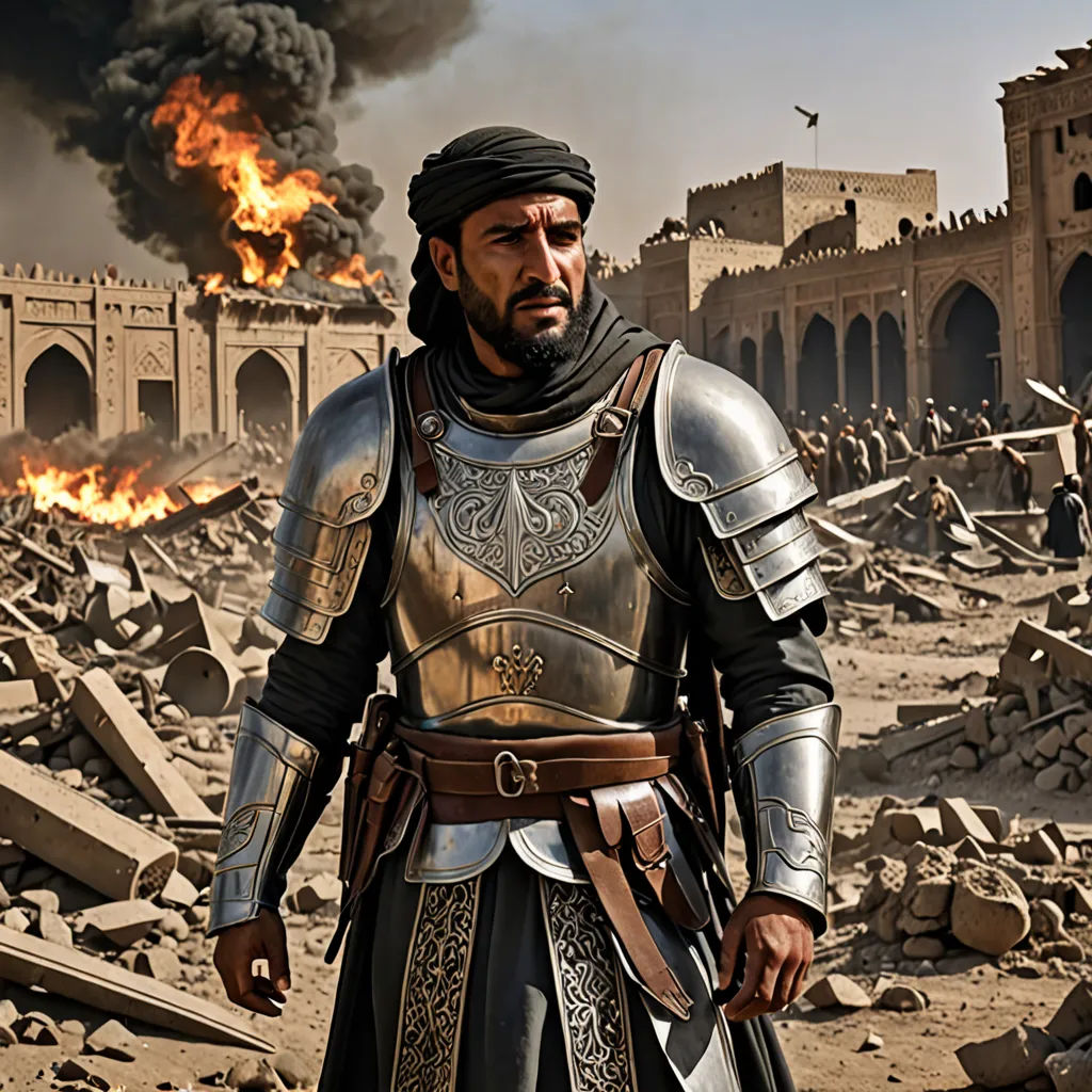 a man in a suit of armor standing in front of a fire and rubble area with a building in the background, hurufiyya, a detailed matte painting, Altoon Sultan, promotional image