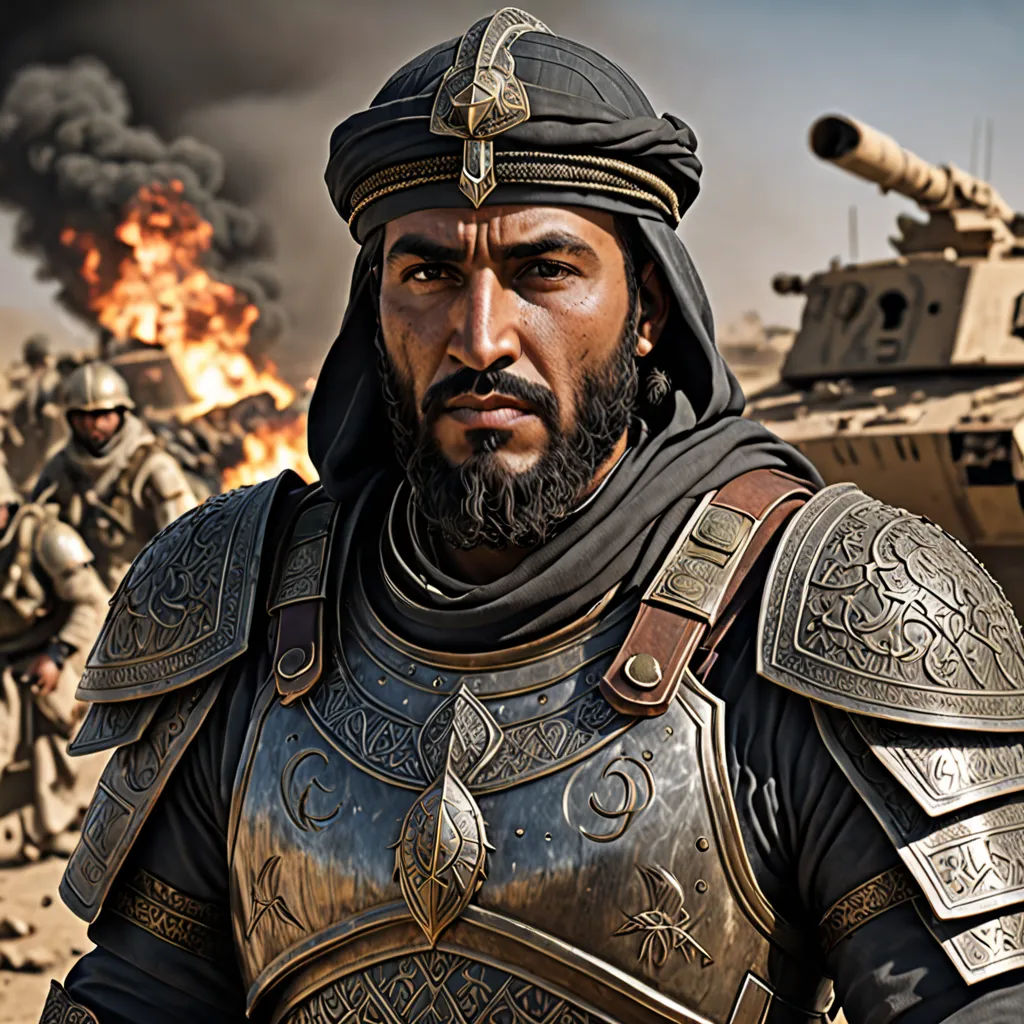 a man in a suit of armor standing in front of a tank and a fire in the background with a man in a helmet, hurufiyya, a character portrait, Altoon Sultan, orientalism