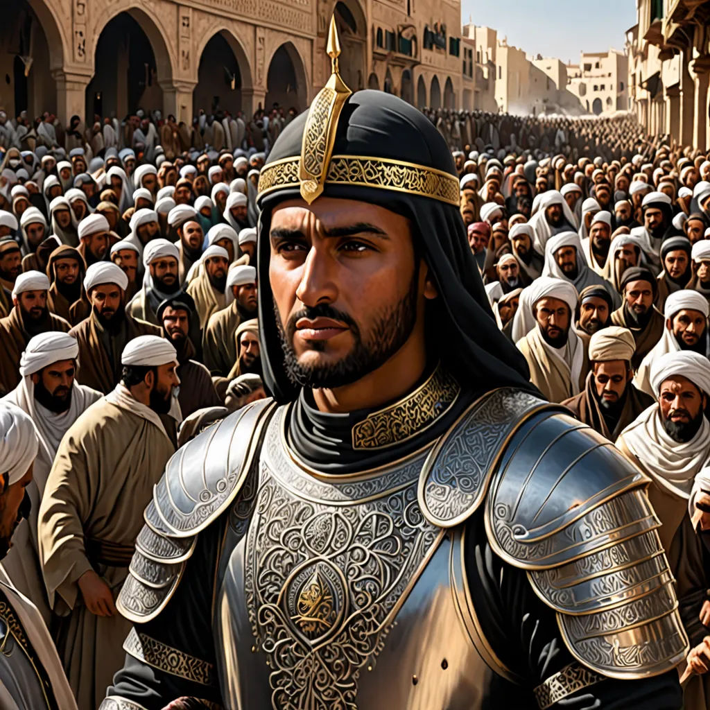 a man in a suit of armor surrounded by other men in a crowd of people in a city square, qajar art, a detailed matte painting, Altoon Sultan, orientalism