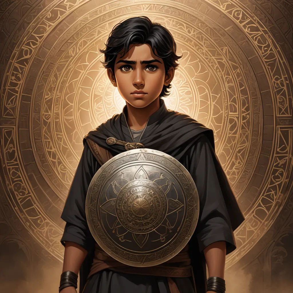 a painting of a young man holding a shield and a shield with a circle in the background and a golden background, samikshavad, a character portrait, Altoon Sultan, epic fantasy character art