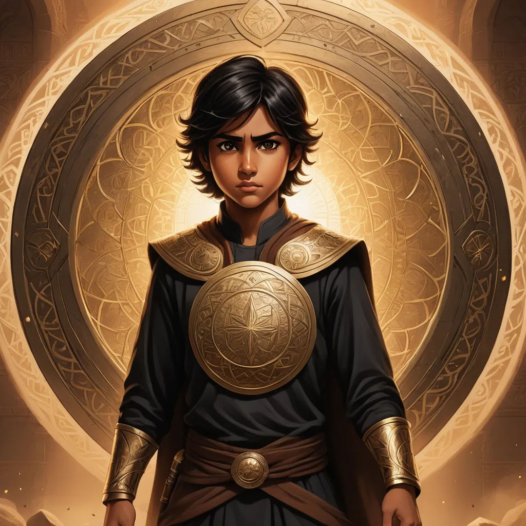 a man in a golden outfit standing in front of a golden circle with a golden circle around him and a golden circle behind him, samikshavad, a character portrait, Aaron Jasinski, epic fantasy character art