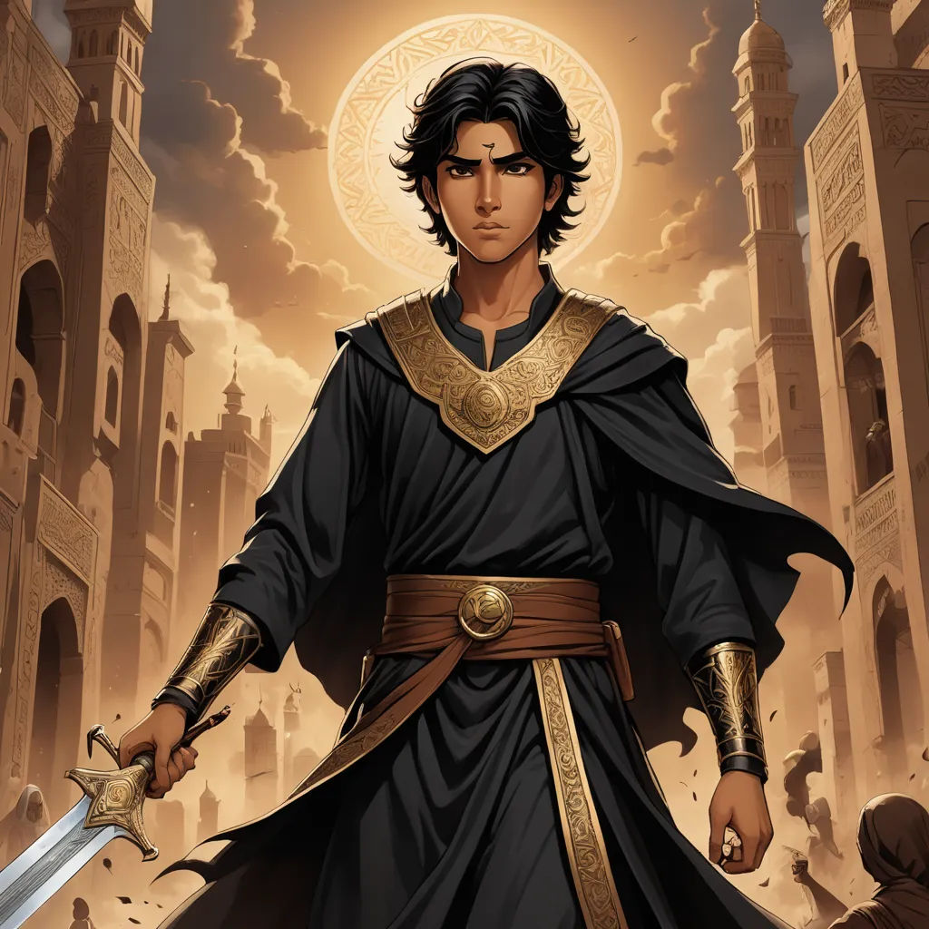 a man in a black outfit holding a sword in front of a cityscape with a sun in the background, fantasy art, a character portrait, Cedric Seaut (Keos Masons), official art