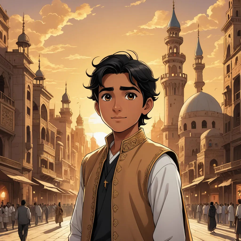 a man in a vest standing in front of a city street with a clock tower in the background and a sunset, dau-al-set, concept art, Altoon Sultan, official art